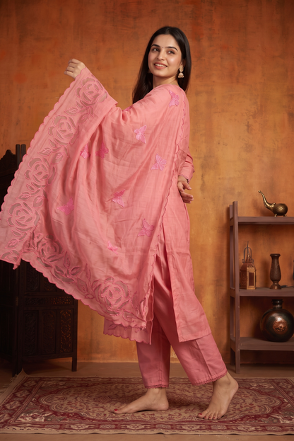 PINK APPLIQUE KURTA SET