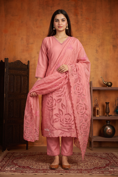 PINK APPLIQUE KURTA SET