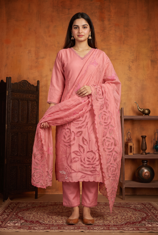 PINK APPLIQUE KURTA SET