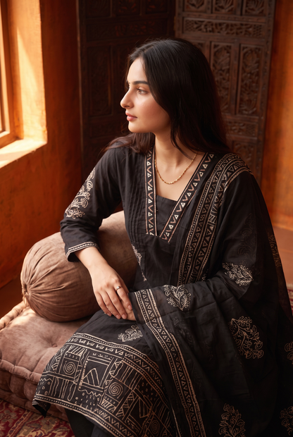 BLACK COTTON KURTA SET