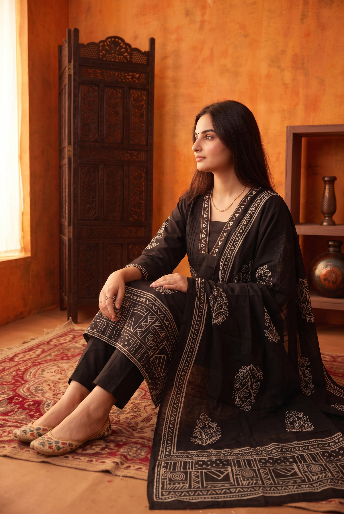 BLACK COTTON KURTA SET