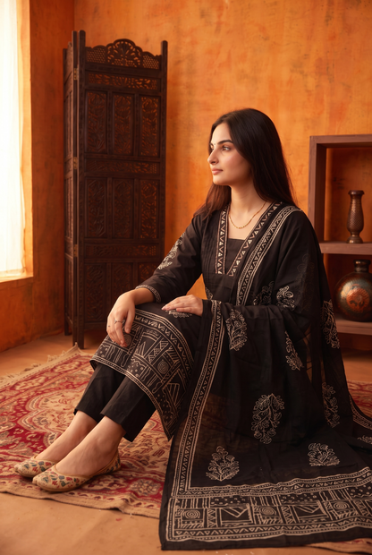 BLACK COTTON KURTA SET